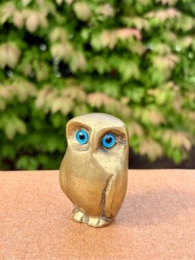 Vtg MCM Solid Brass Owl Figurine Blue Eyes - Heavy .95 lb, 2.5” Height